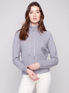 Three quarter cuff Necklace Textured Cowl Neck Knit Sweater - Heather Grey