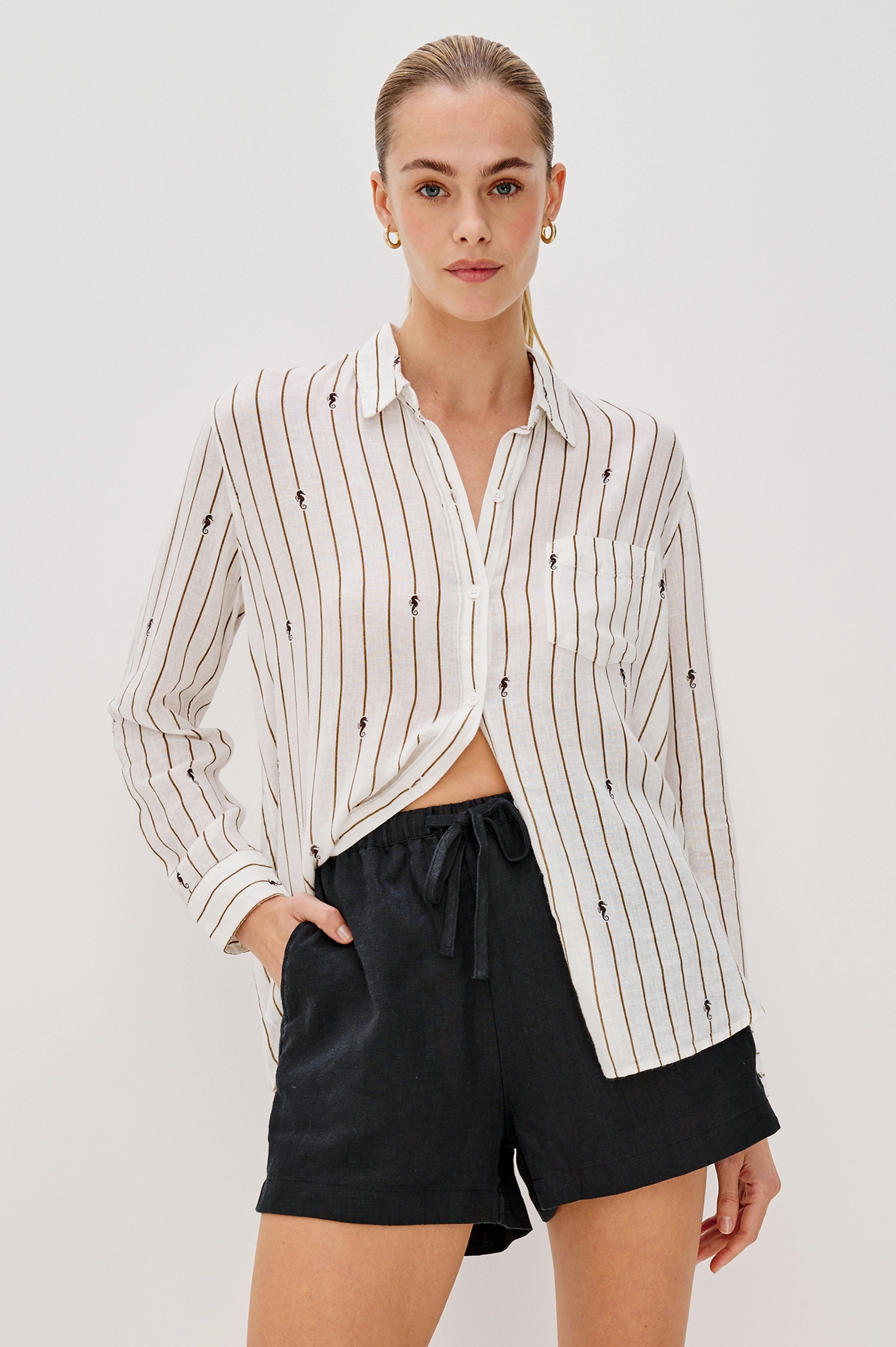 TactileStitching CHARLI STRIPED SEAHORSES LINEN LONG SLEEVE SHIRT