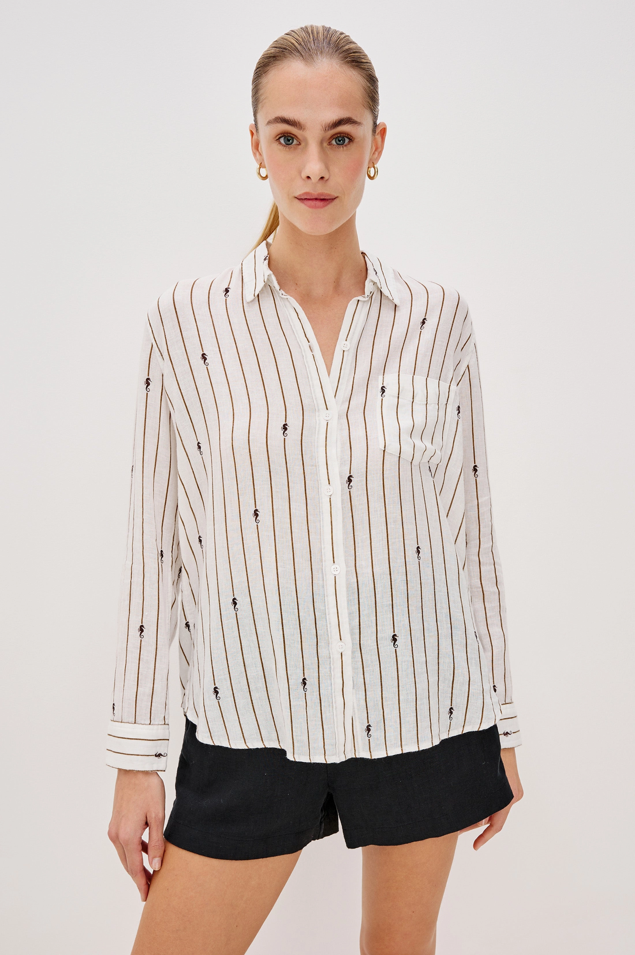 Bold Patterns CHARLI STRIPED SEAHORSES LINEN LONG SLEEVE SHIRT