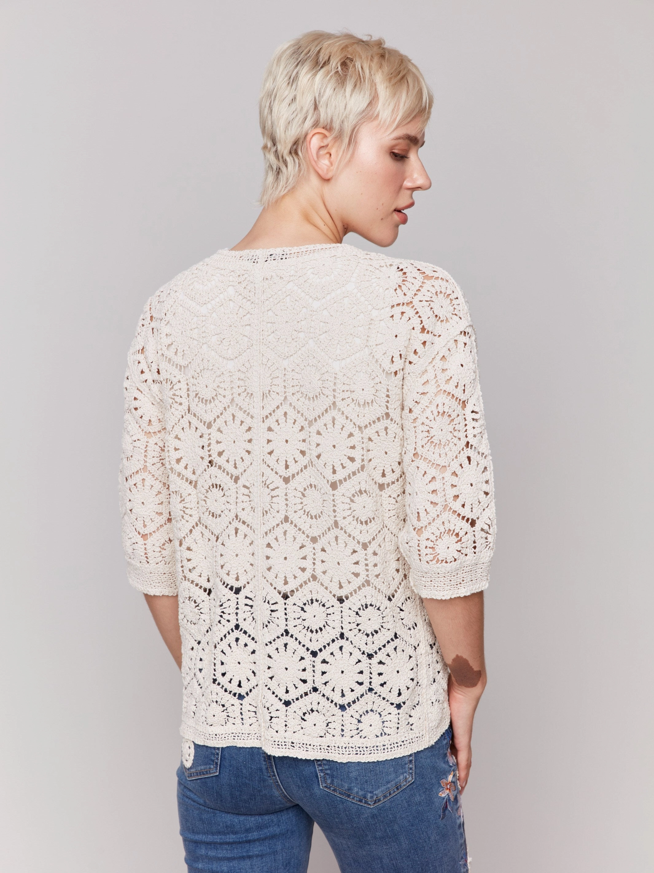 3/4 Sleeve Crochet Cardigan - Natural Breathable Style Sleek Waistband