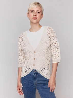 3/4 Sleeve Crochet Cardigan - Natural Lightweight Layer Trendy Outfit