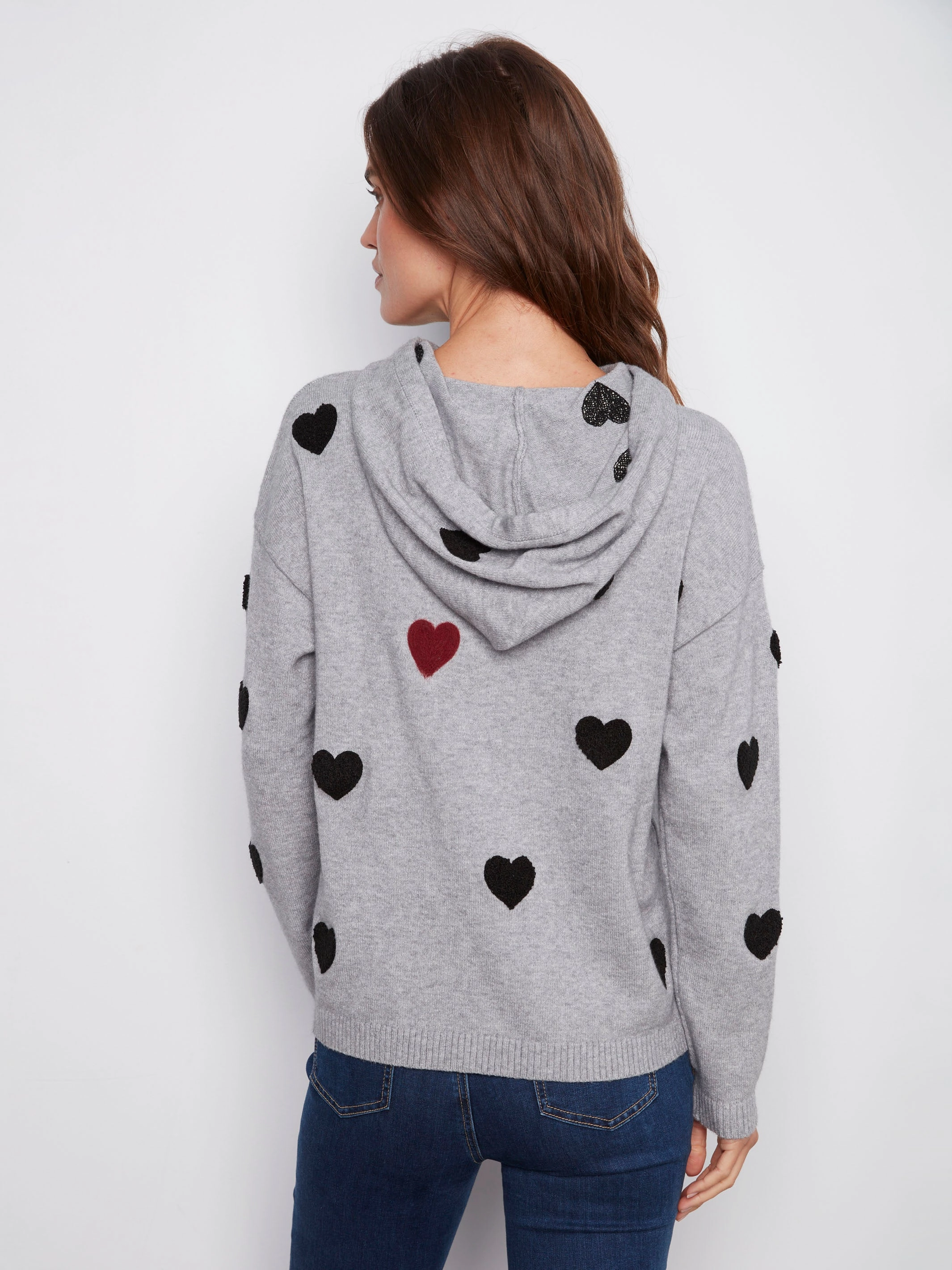Embroidered Hearts Hoodie Sweater - Heather Grey Ultra Soft Collar Lining Snapped