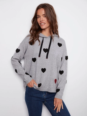 Embroidered Hearts Hoodie Sweater - Heather Grey Tropical region Flexible Shoulder Cut