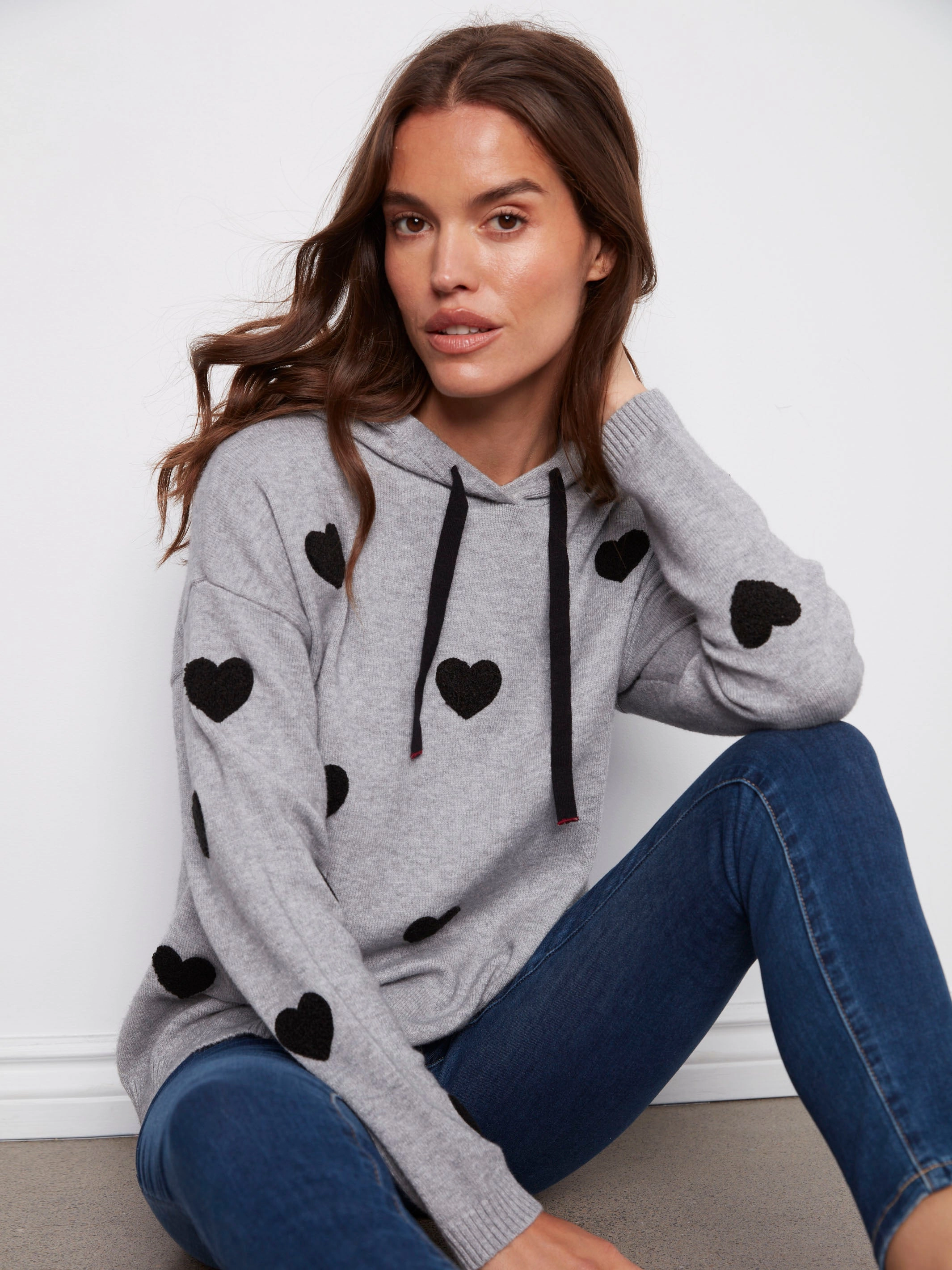 Embroidered Hearts Hoodie Sweater - Heather Grey stain - resistant