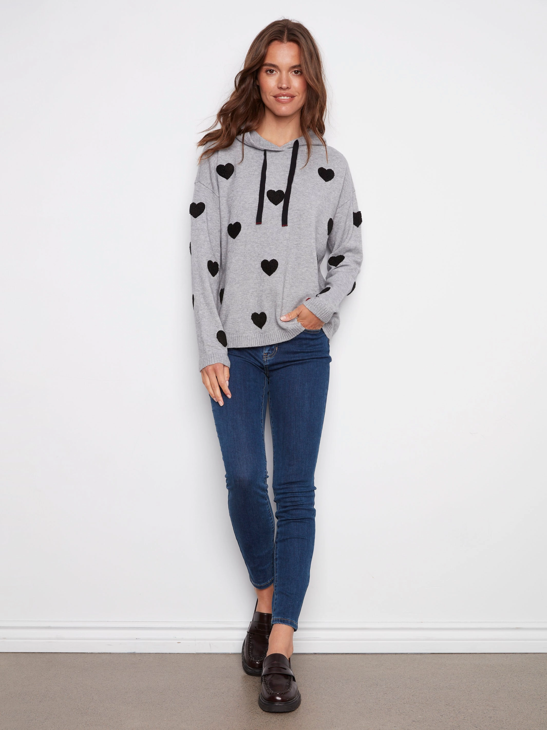 Collared Embroidered Hearts Hoodie Sweater - Heather Grey