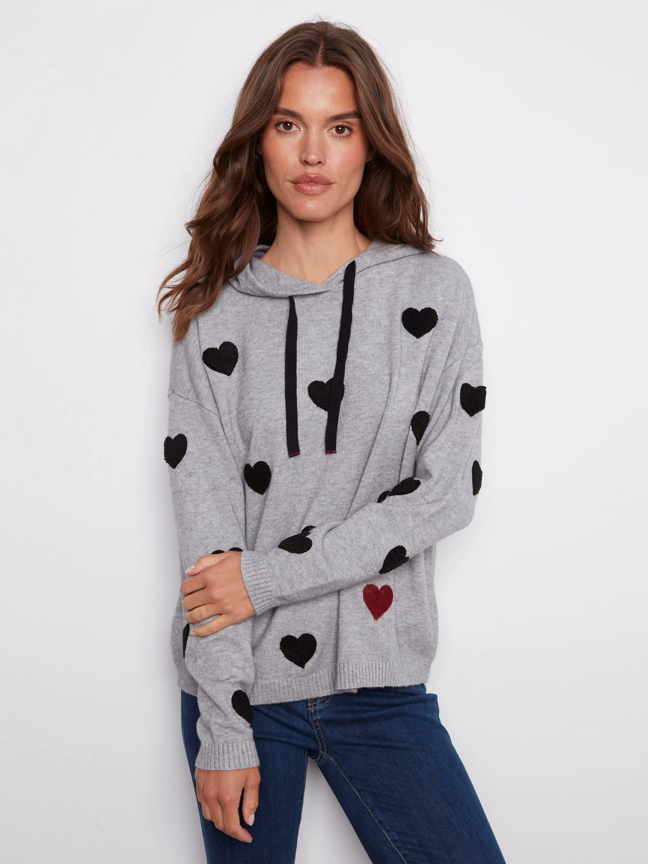Health related Embroidered Hearts Hoodie Sweater - Heather Grey