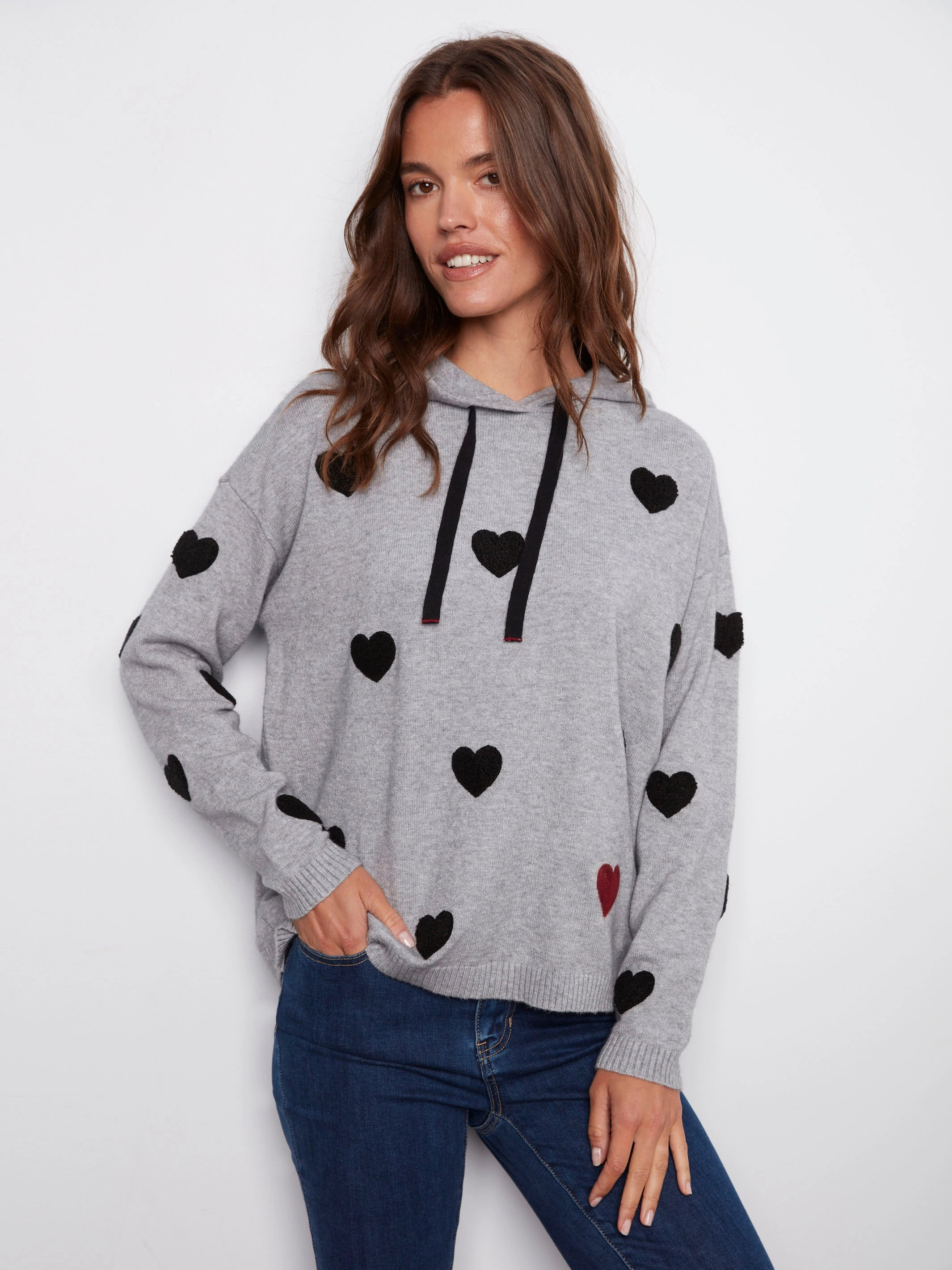 Embroidered Hearts Hoodie Sweater - Heather Grey Tropical region Flexible Shoulder Cut