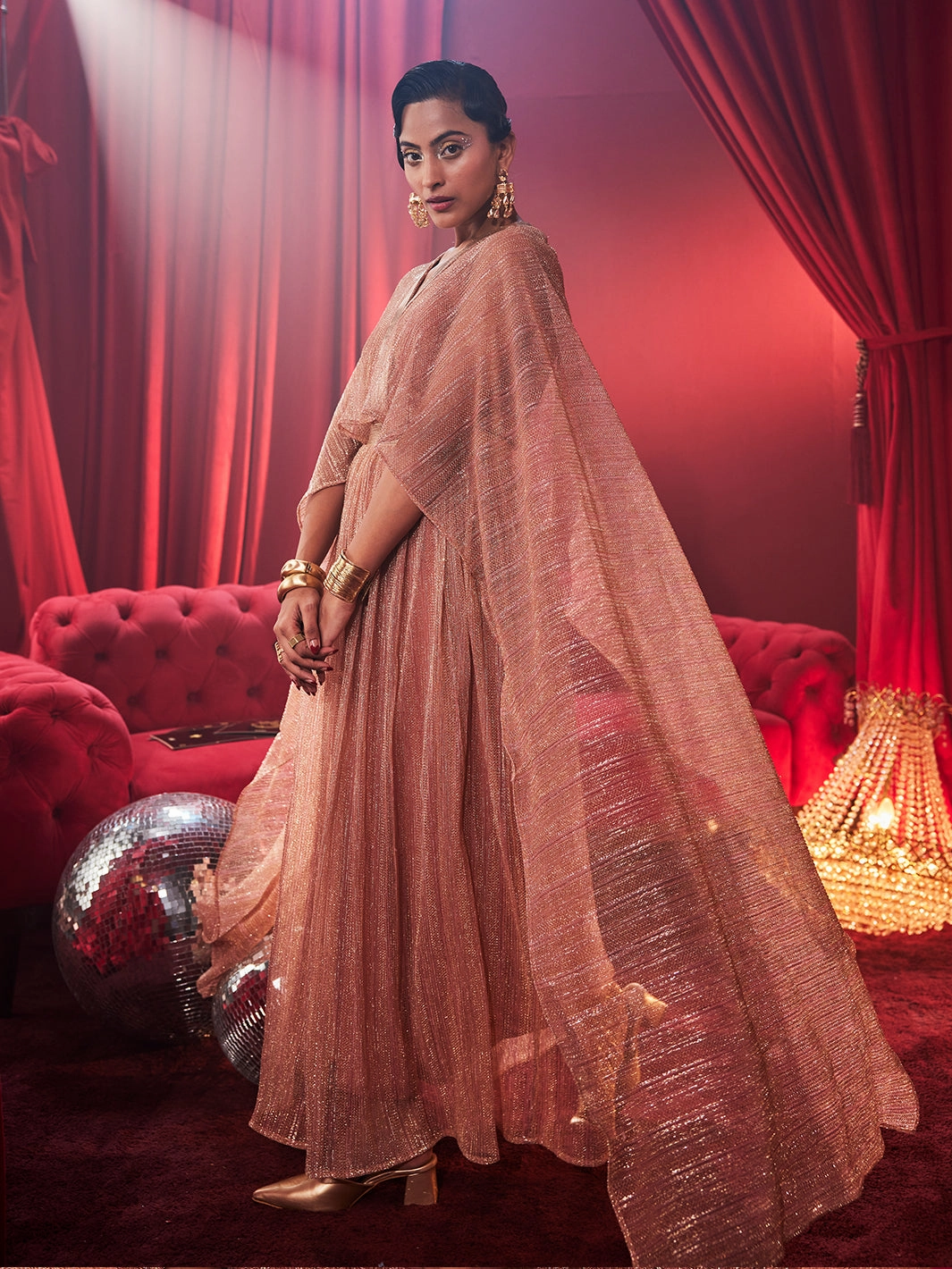 Tiara Metallic Party Gown Free Shape Smocked-Detail