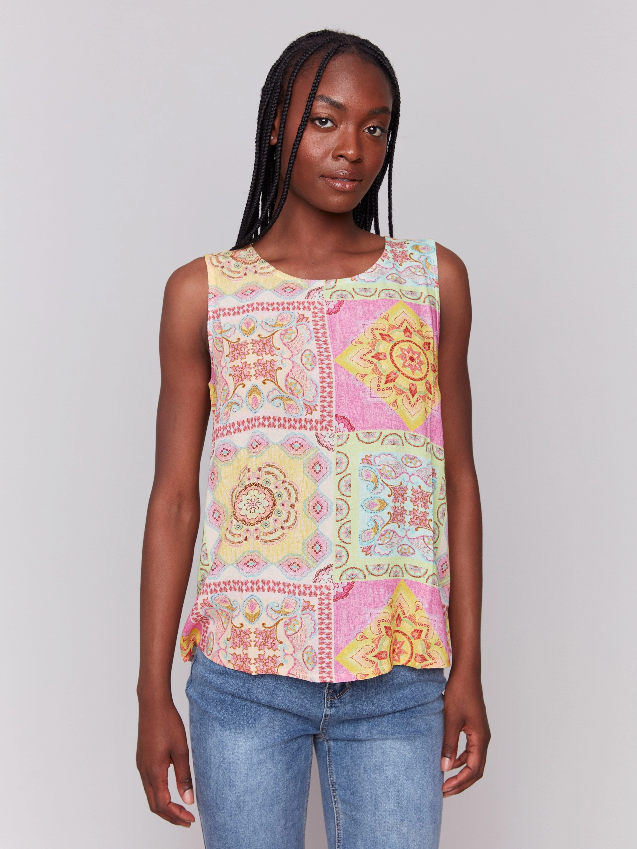 Hooded Neckline Printed Viscose Sleeveless Top - Carousel
