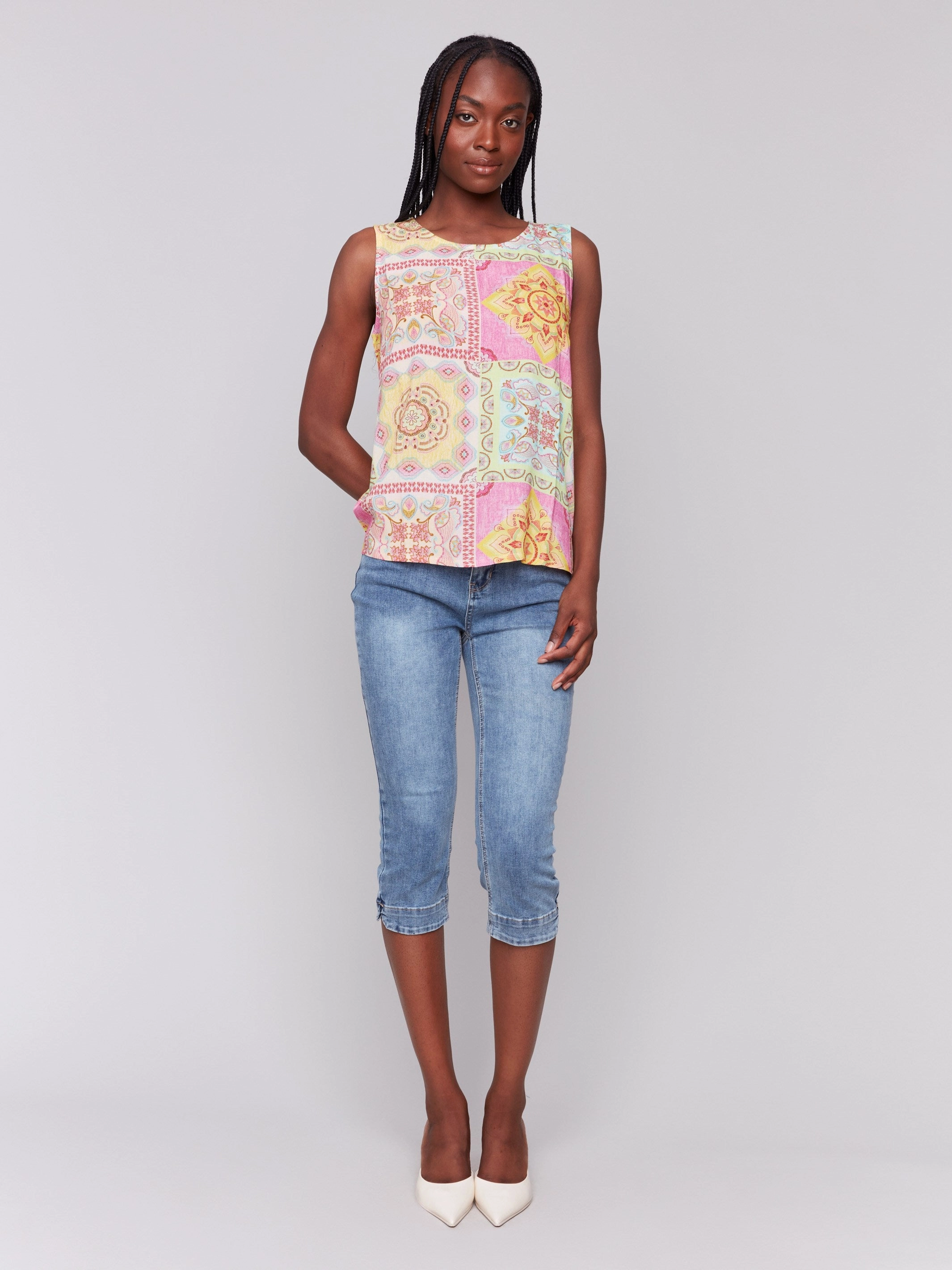 Printed Viscose Sleeveless Top - Carousel V-neck style Customizable Design