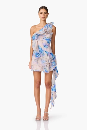 Briony Asymmetrical Mini Dress in Pink & Blue Floral Event Perfect