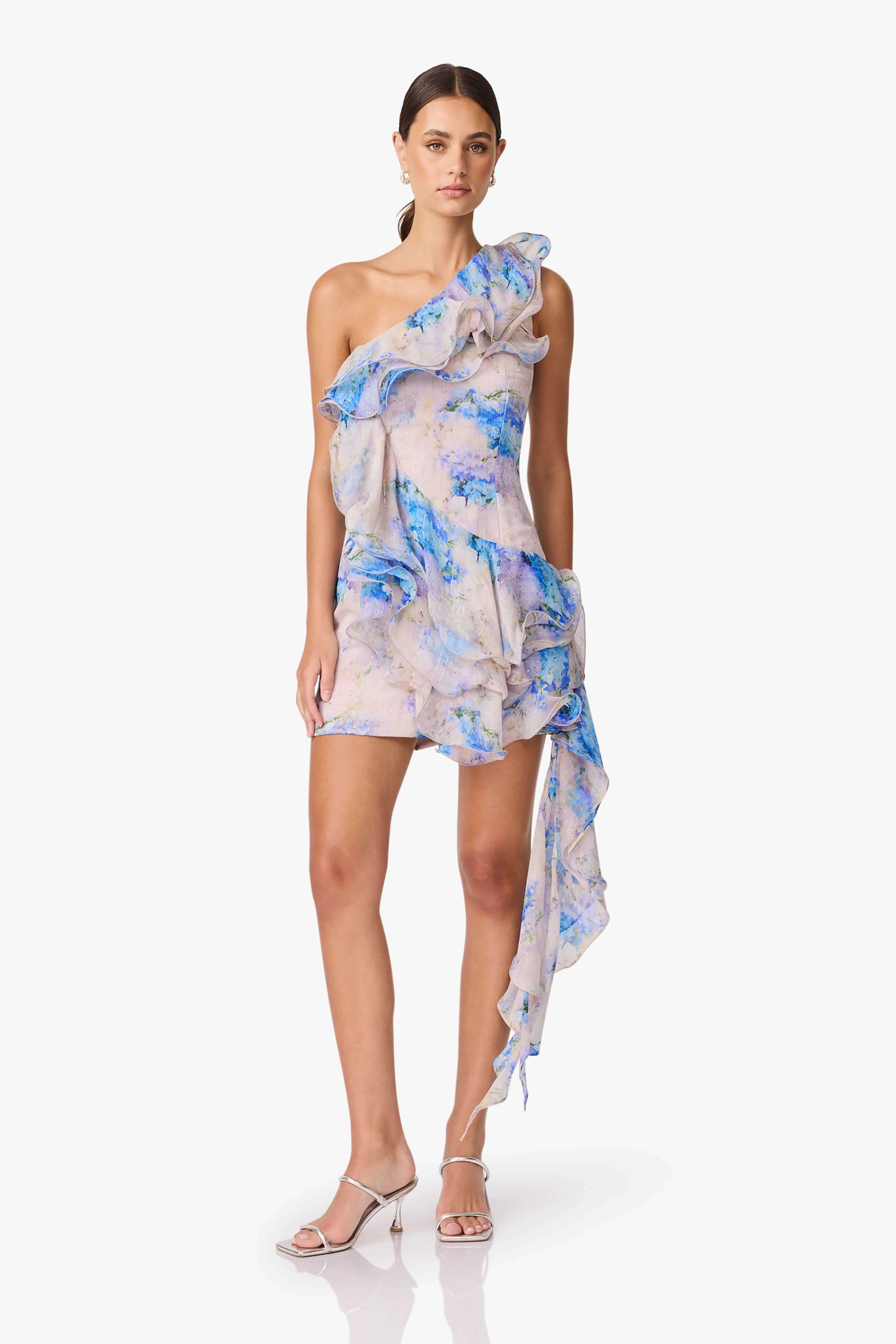 Clear Blush Briony Asymmetrical Mini Dress in Pink & Blue Floral