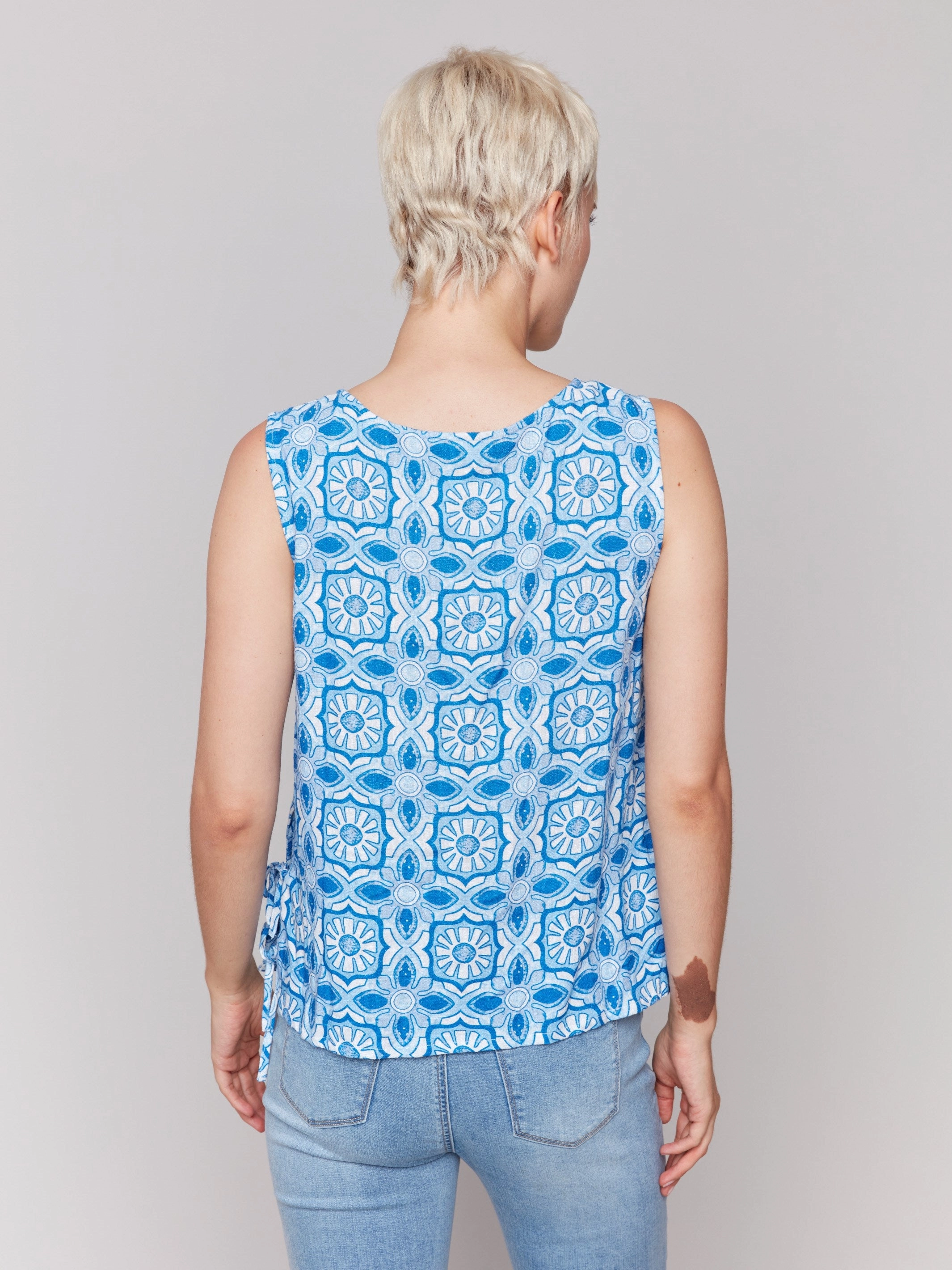 Printed Sleeveless Linen Blend Top with Side Ties - Illusion Tagless label
