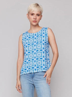 Polished Look BBQ Party Printed Sleeveless Linen Blend Top with Side Ties - Illusion