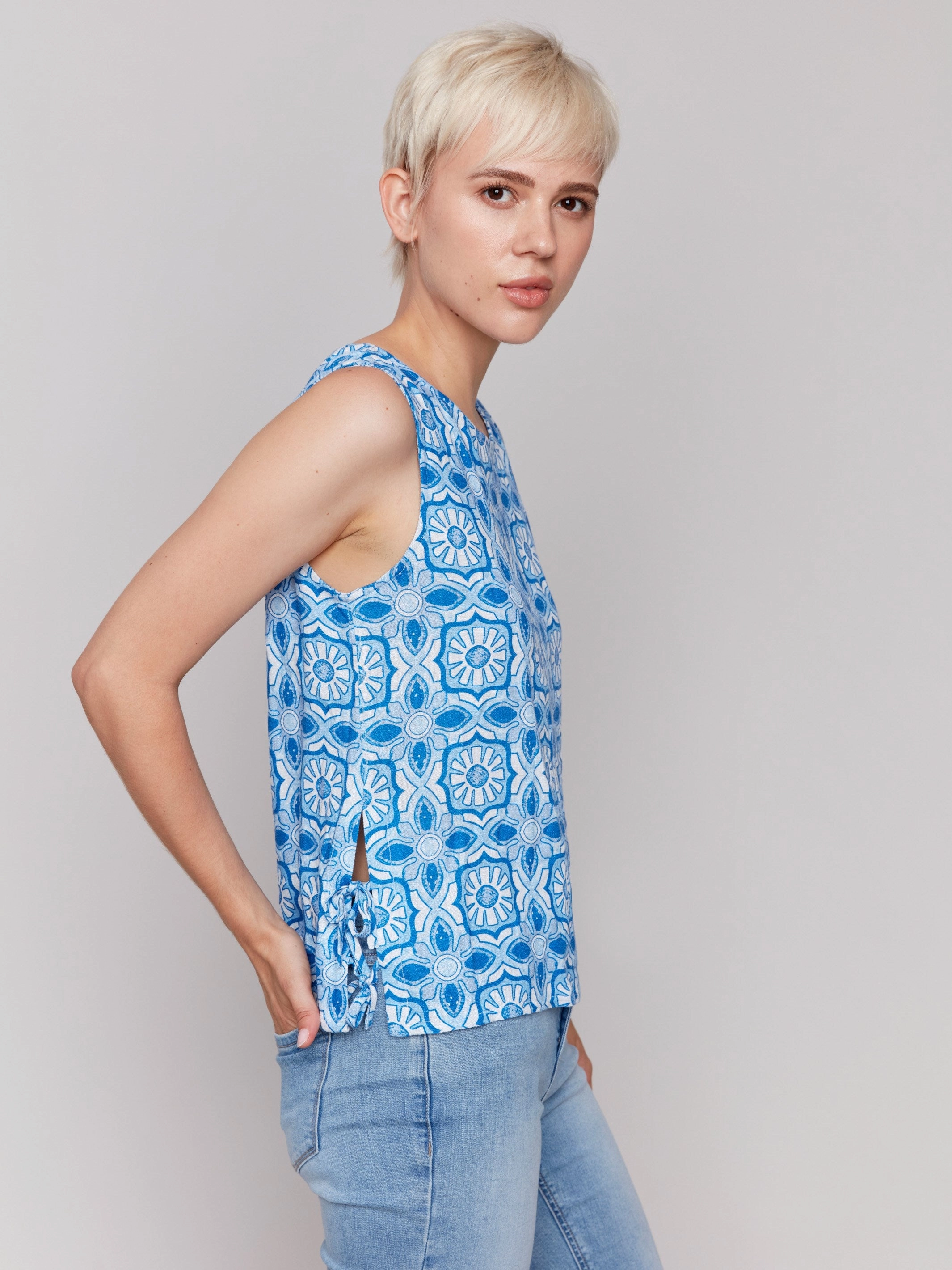 Resort Wear Affordable Luxury Printed Sleeveless Linen Blend Top with Side Ties - Illusion