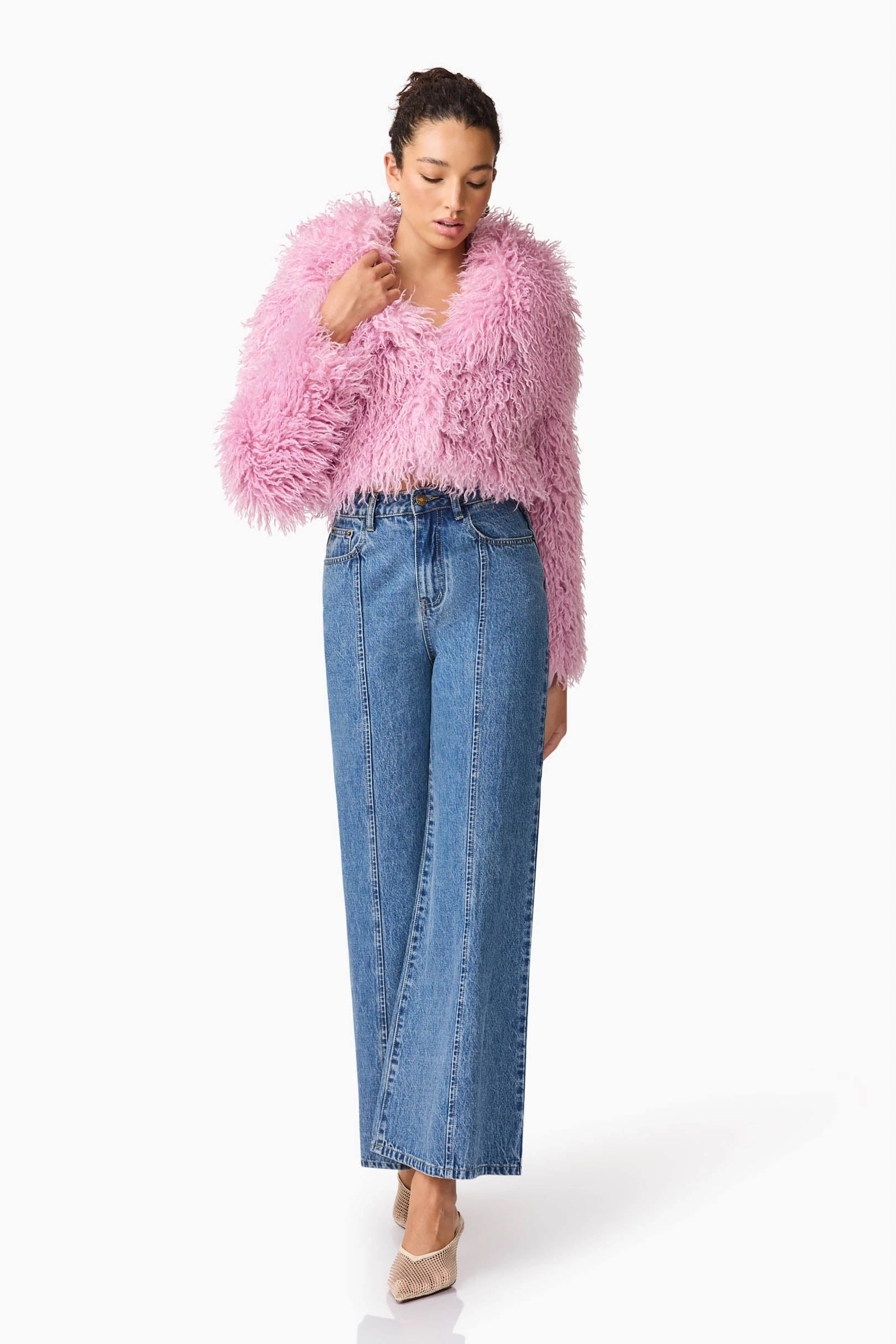 Trisha Faux Fur Cropped Jacket in Pink Flower Grace