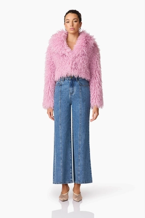 Trisha Faux Fur Cropped Jacket in Pink Vibrant Waist Fit