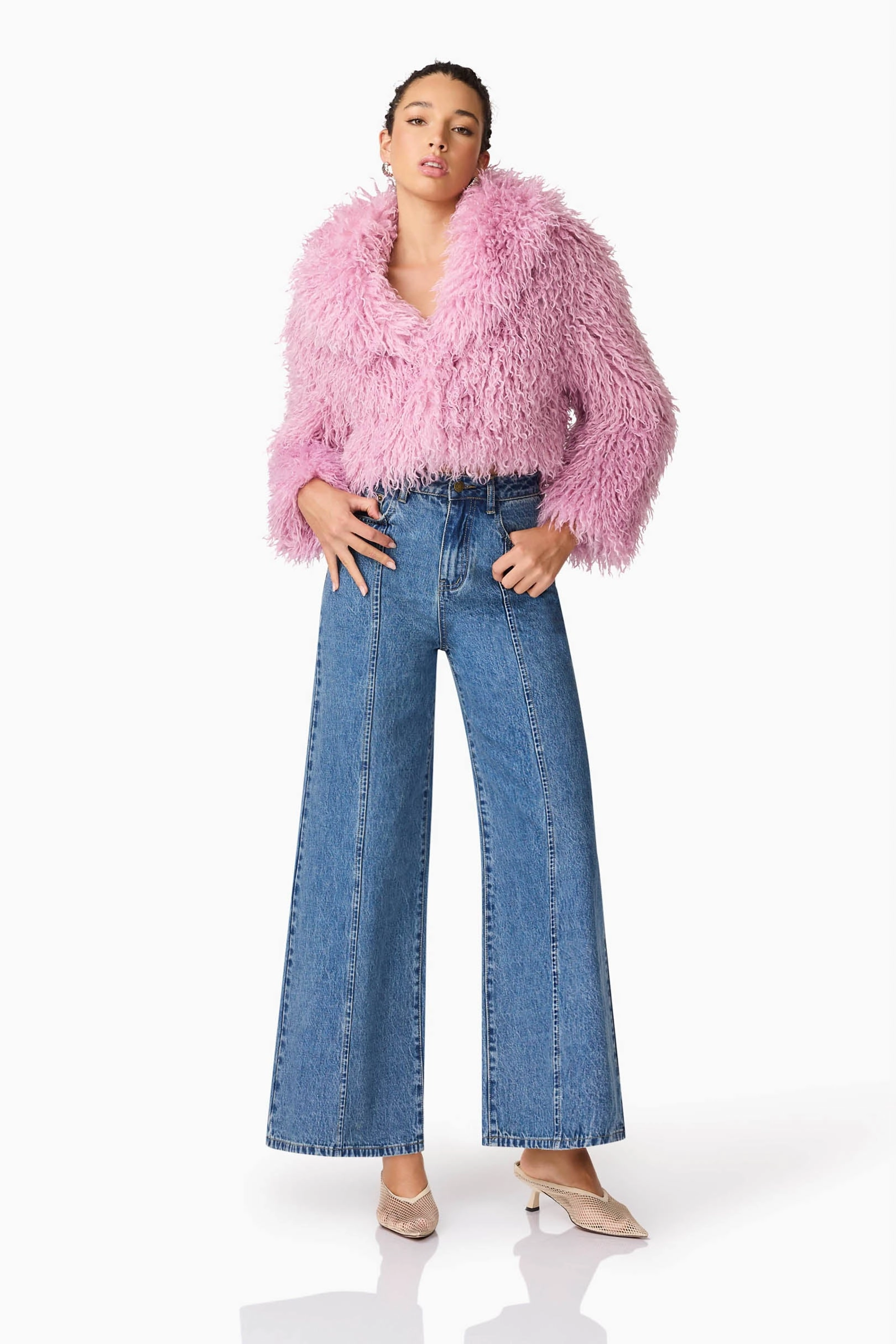 City Rhythm Trisha Faux Fur Cropped Jacket in Pink
