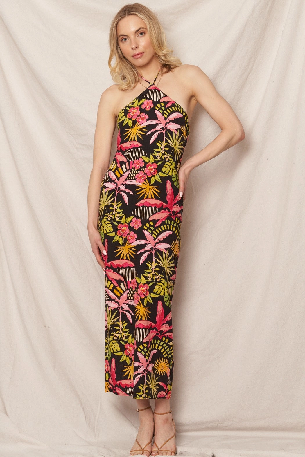 Smart Lines TROPICAL PRINT HALTER DRESS