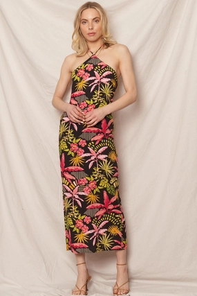 Saga Vibe StretchableFabric TROPICAL PRINT HALTER DRESS
