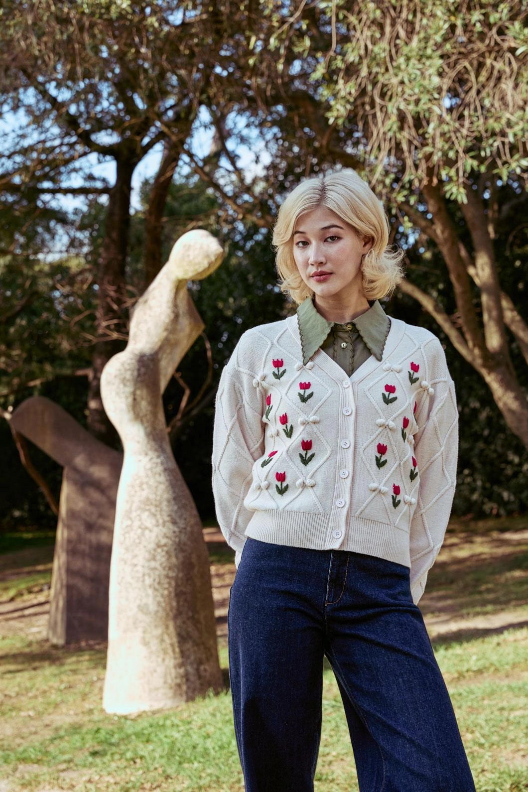 Tulip Embroidered Cardigan Seamless construction Chilly Knit