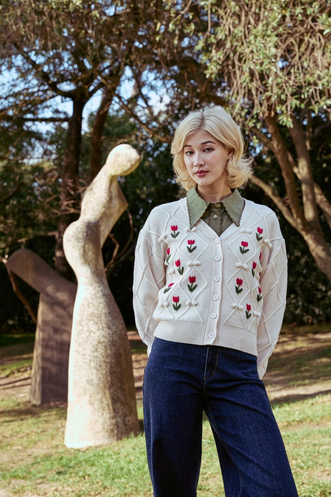 Tulip Embroidered Cardigan Relaxed Neckline