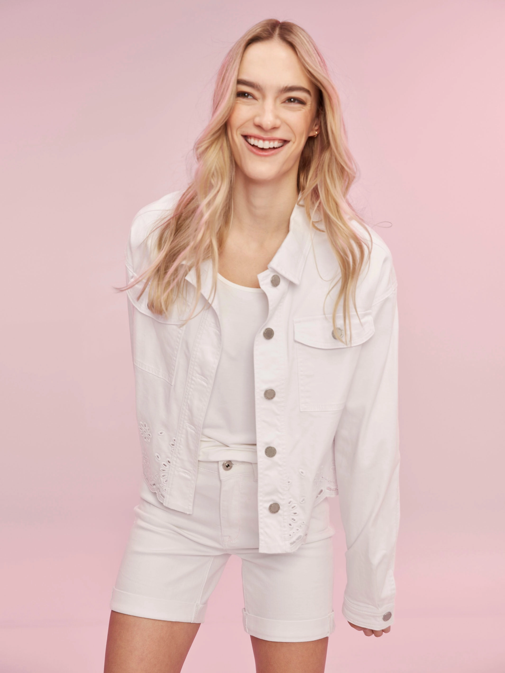 Classic Fit Cut Twill Scalloped Eyelet Jacket - White