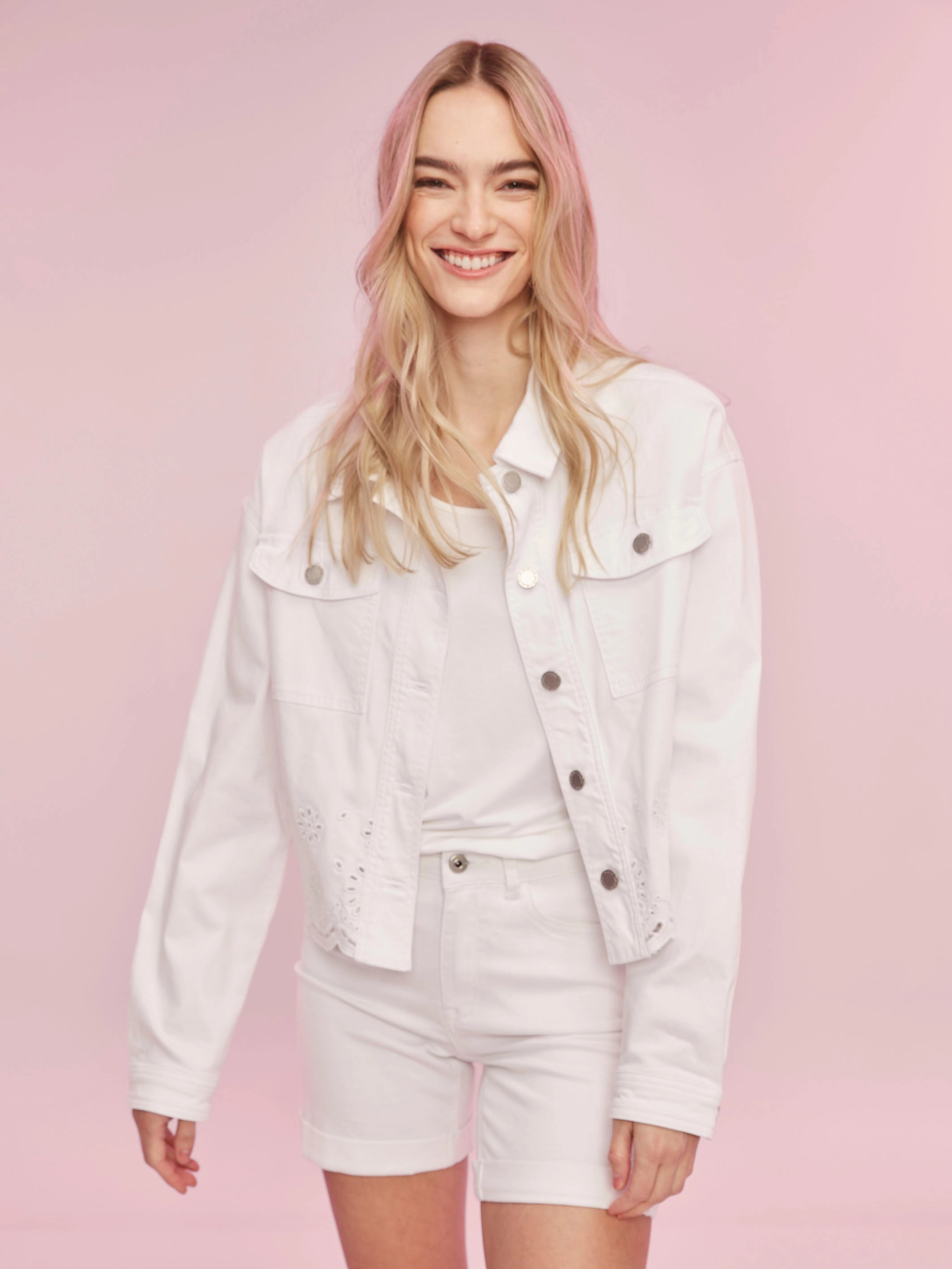 Twill Scalloped Eyelet Jacket - White Climate Responsive Textile Flexible Joint Articulation