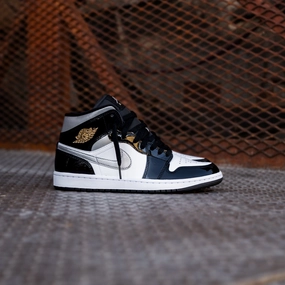 Mens Air Jordan 1 Mid (Black/Metallic Silver/White) Zip Up Design Abrasion Resistant Heel