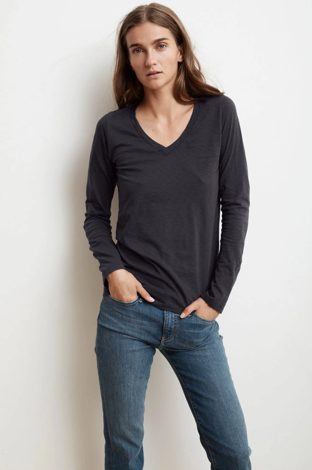 MoistureWicking Fabric BRIDGET CITY SLUB V-NECK LONG SLEEVE TEE