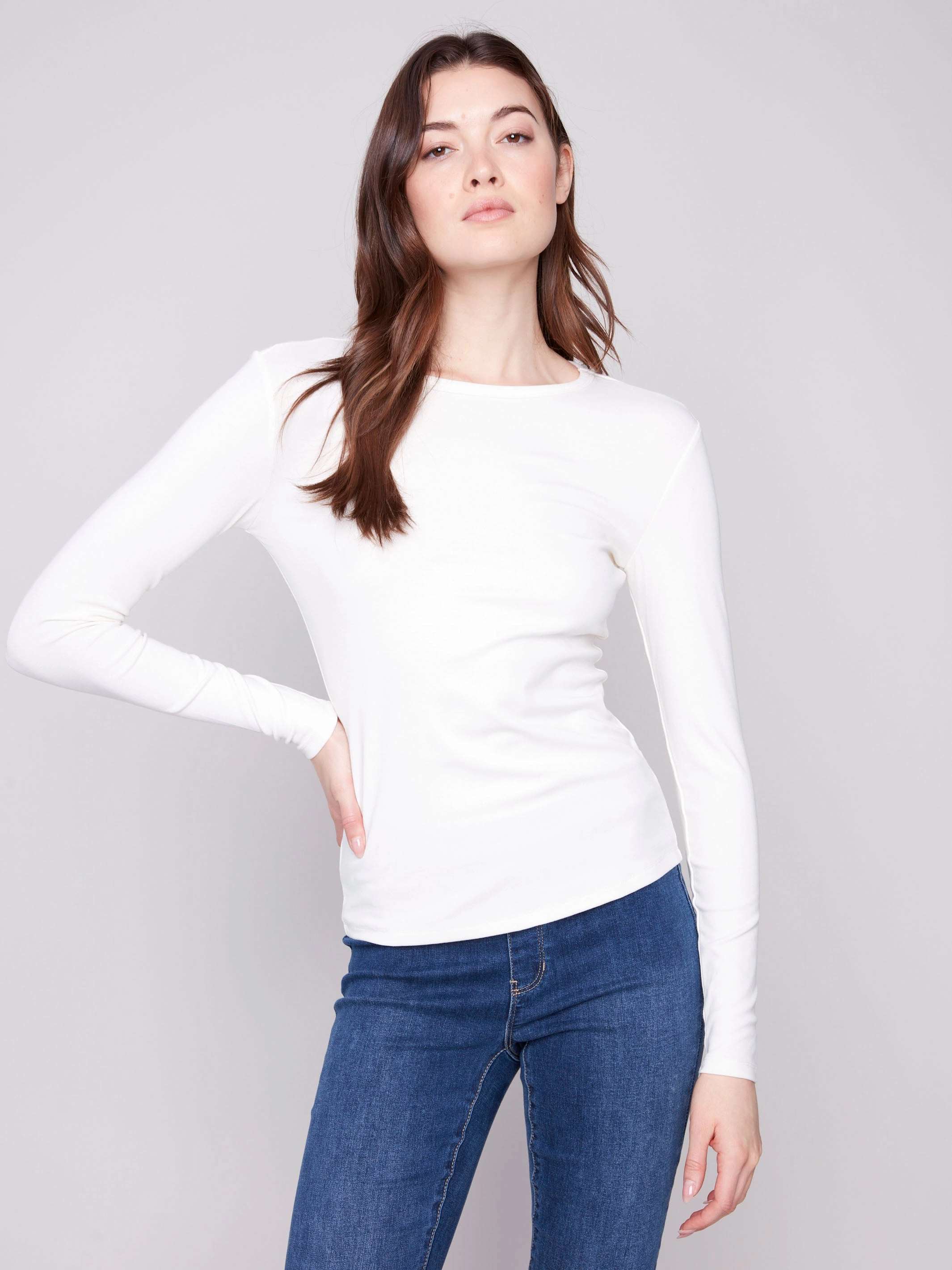 Hypoallergenic Inner Layer Cotton Blend Long Sleeve Crew Neck Top - Ecru