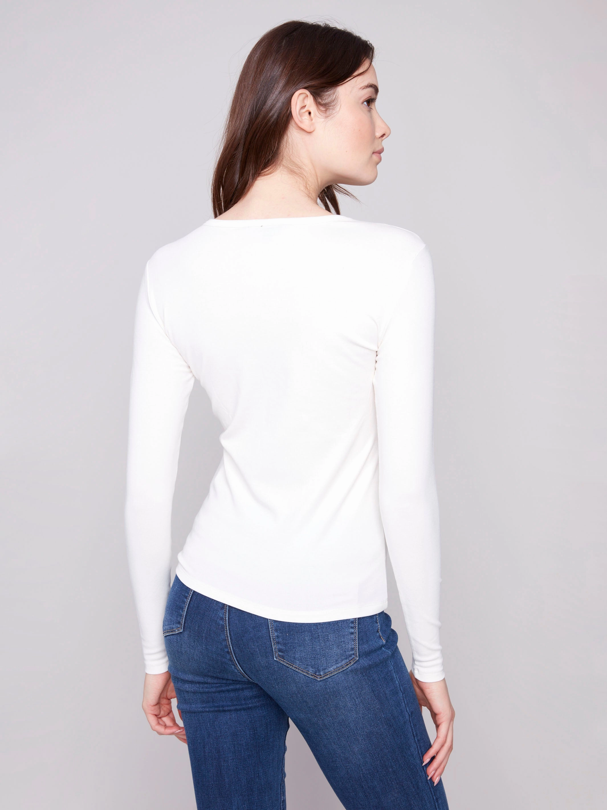 Cotton Blend Long Sleeve Crew Neck Top - Ecru Chic Tee QuickDryTechnology