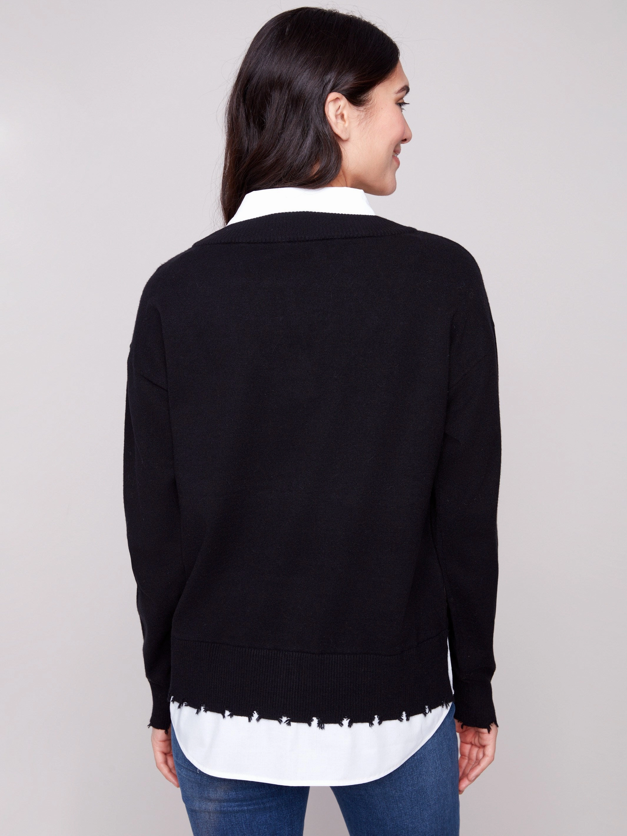 V-Neck Fooler Sweater With Shirt Collar - Black Bread Polar region