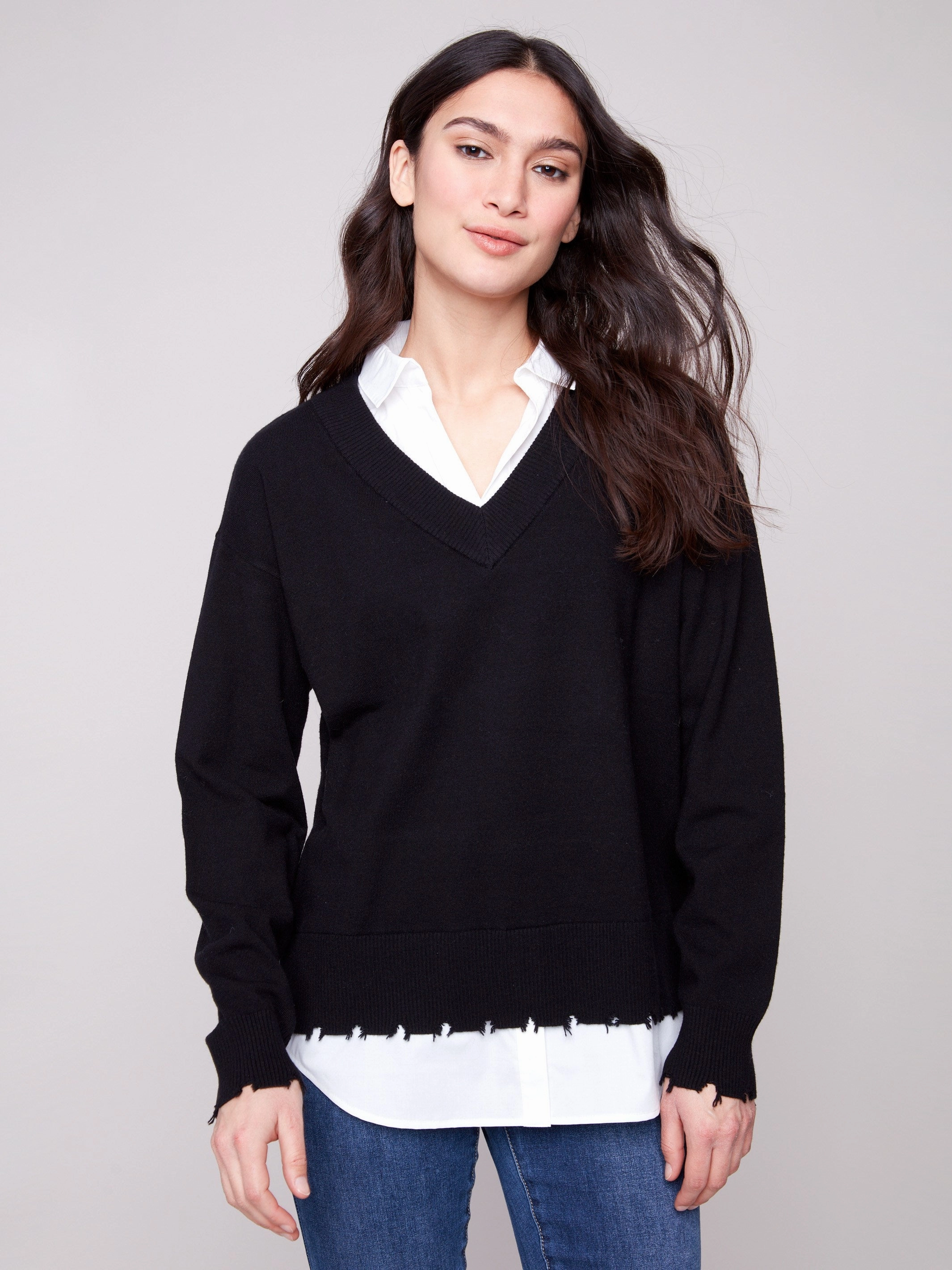 Cold Weather V-Neck Fooler Sweater With Shirt Collar - Black