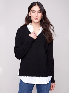 V-Neck Fooler Sweater With Shirt Collar - Black Inland area