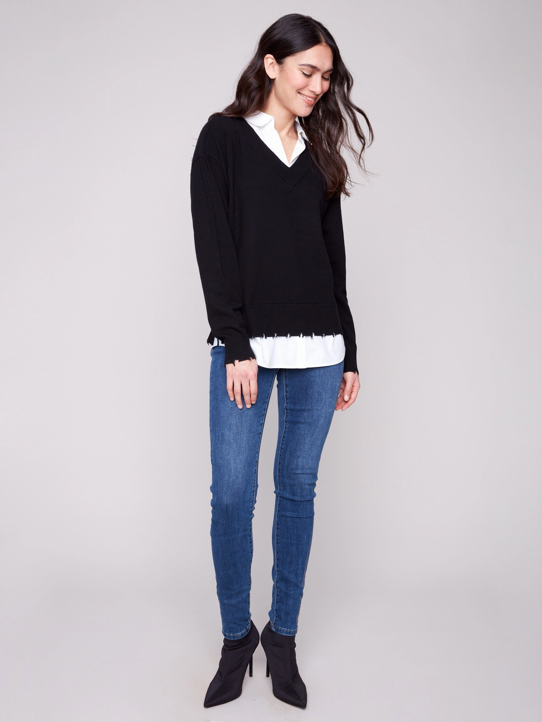 V-Neck Fooler Sweater With Shirt Collar - Black Tulle