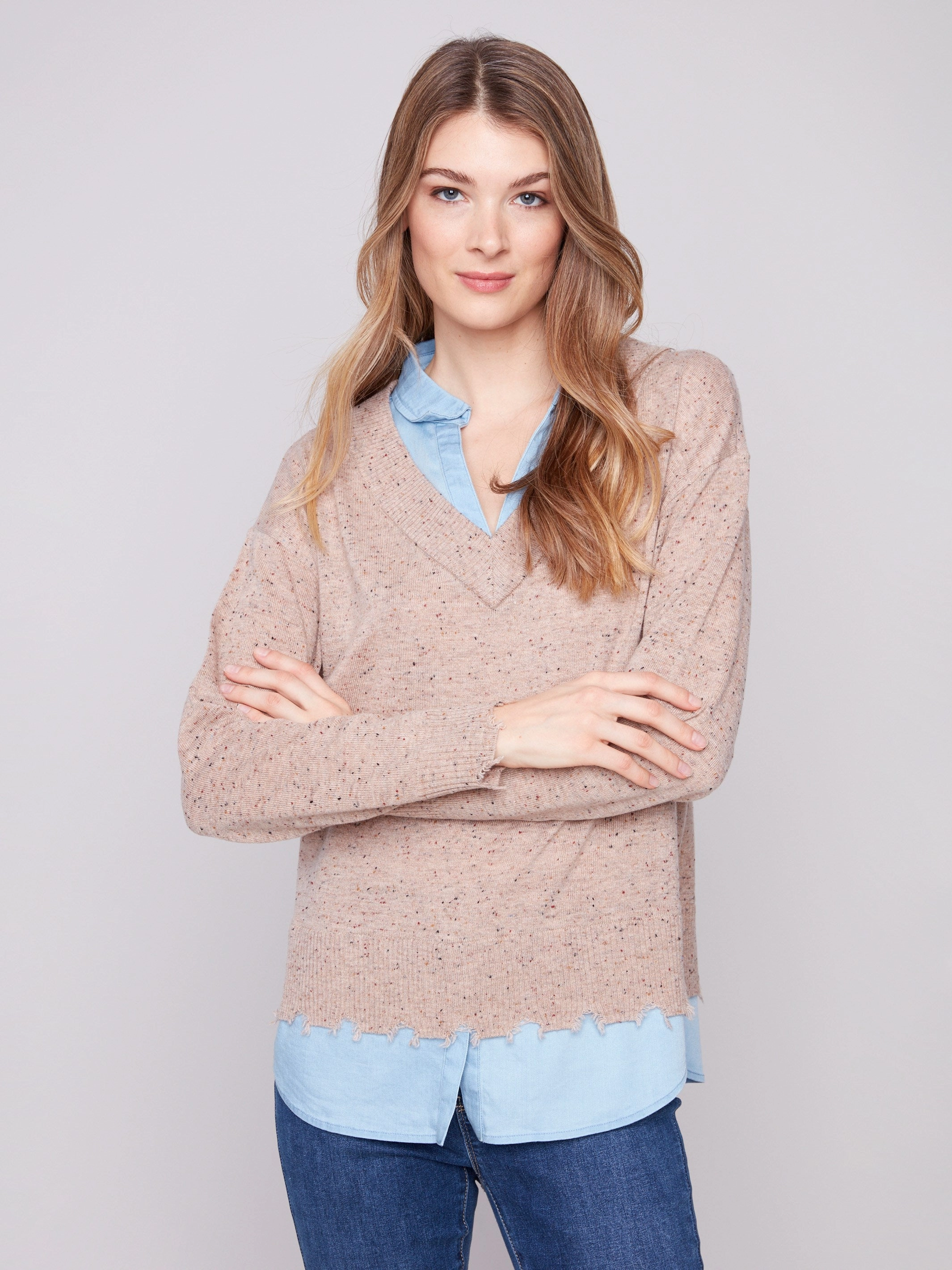 Salad V-Neck Fooler Sweater With Shirt Collar - Oat Flecks