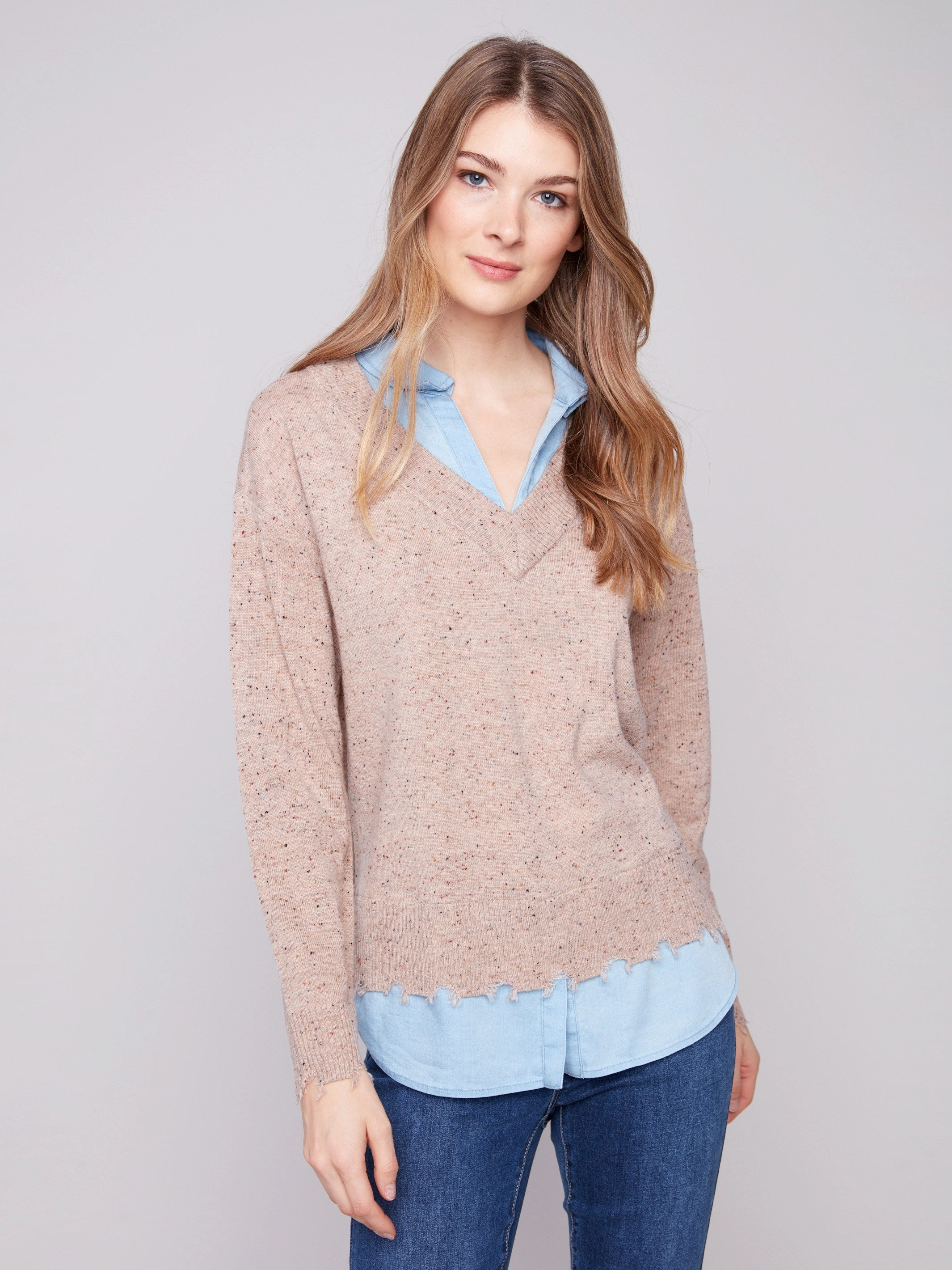 anti - static V-Neck Fooler Sweater With Shirt Collar - Oat Flecks