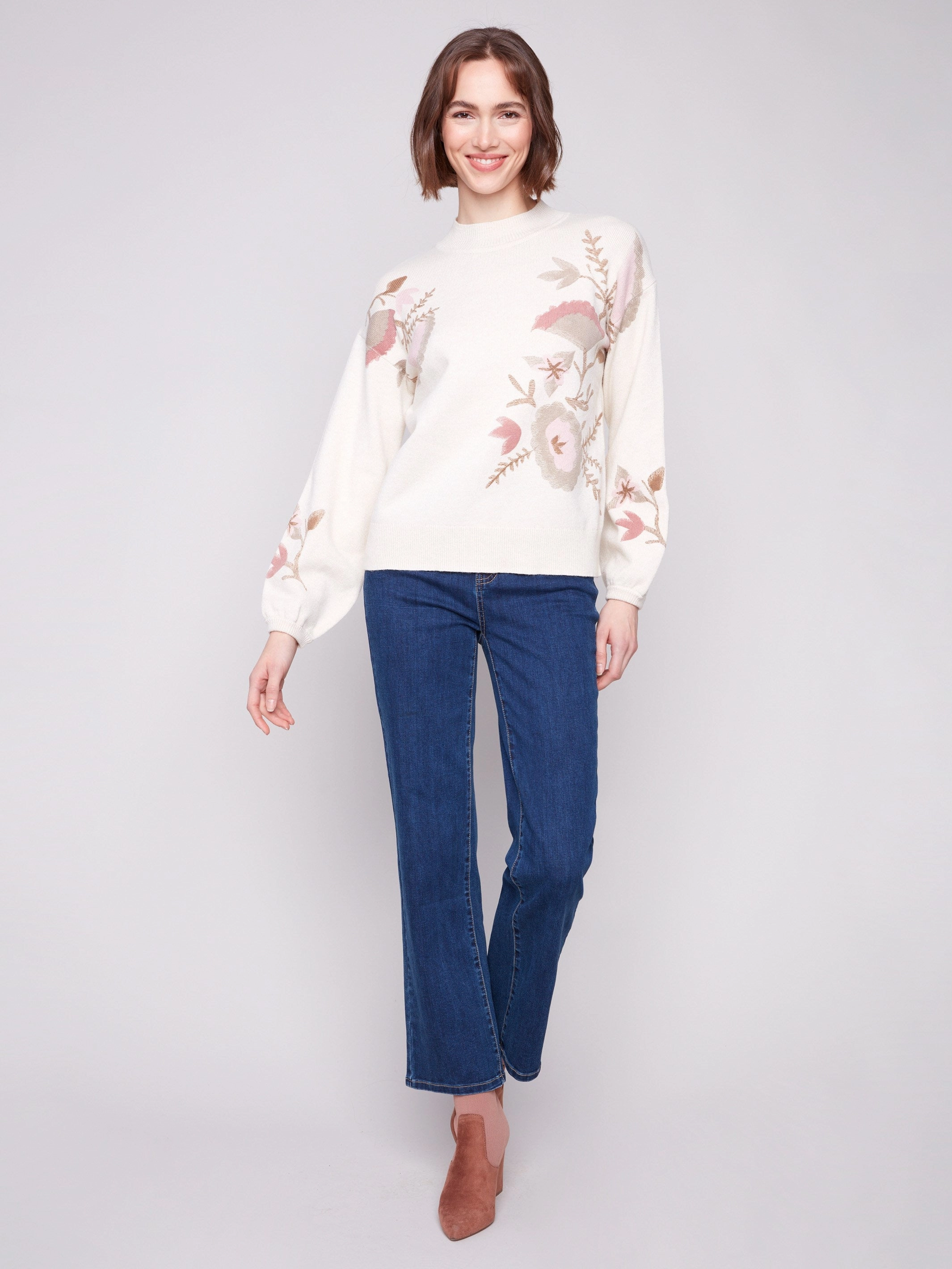 Low neck adults Printed Mock Neck Sweater - Heather Natural