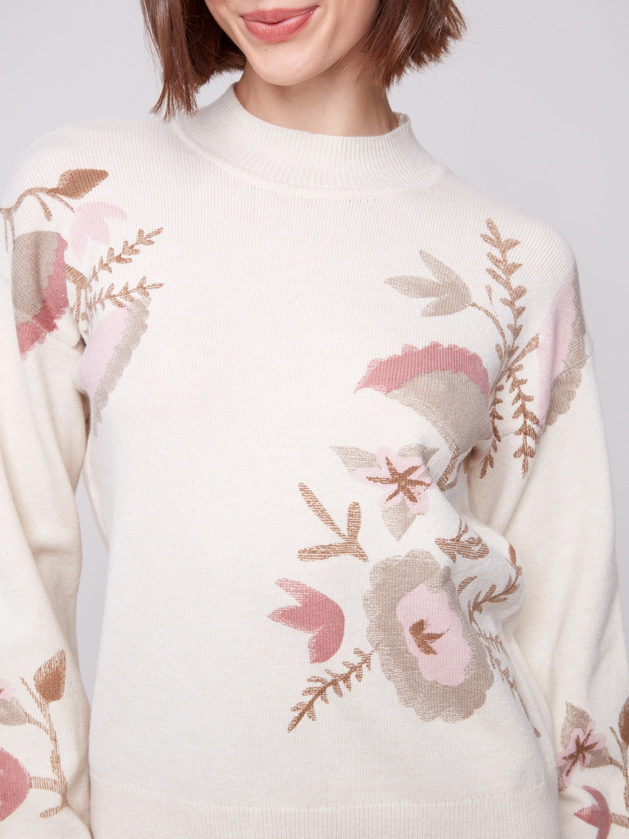 Vintage feel Bracelet Printed Mock Neck Sweater - Heather Natural