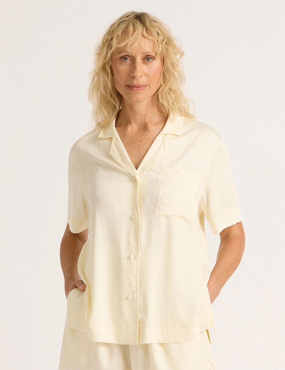 Mature Charm Vegan Silk Short Sleeve Shirt - Pearl