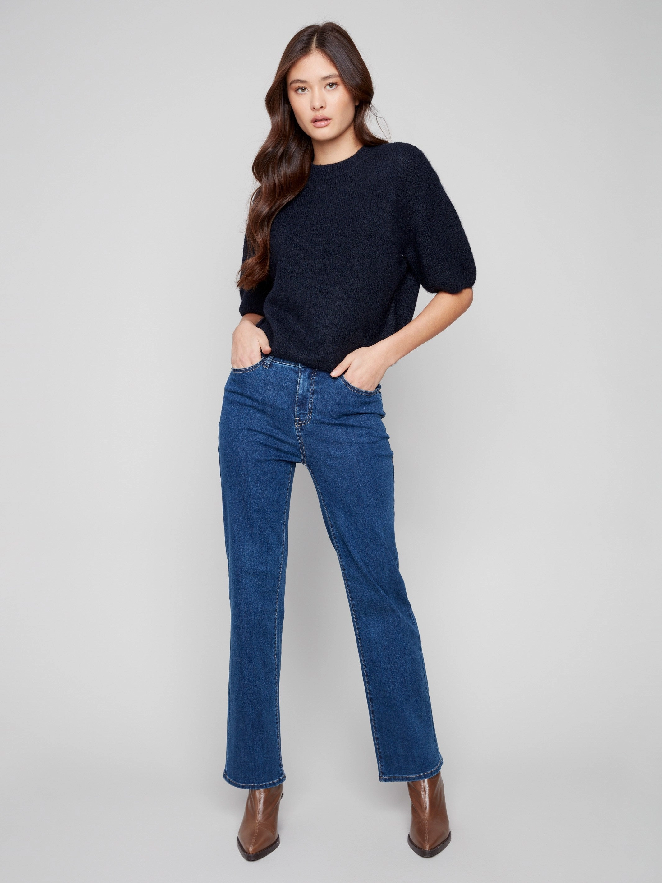 Zip Up Anti Static Finish Balloon Elbow Sleeve Knit Sweater - Moonlight