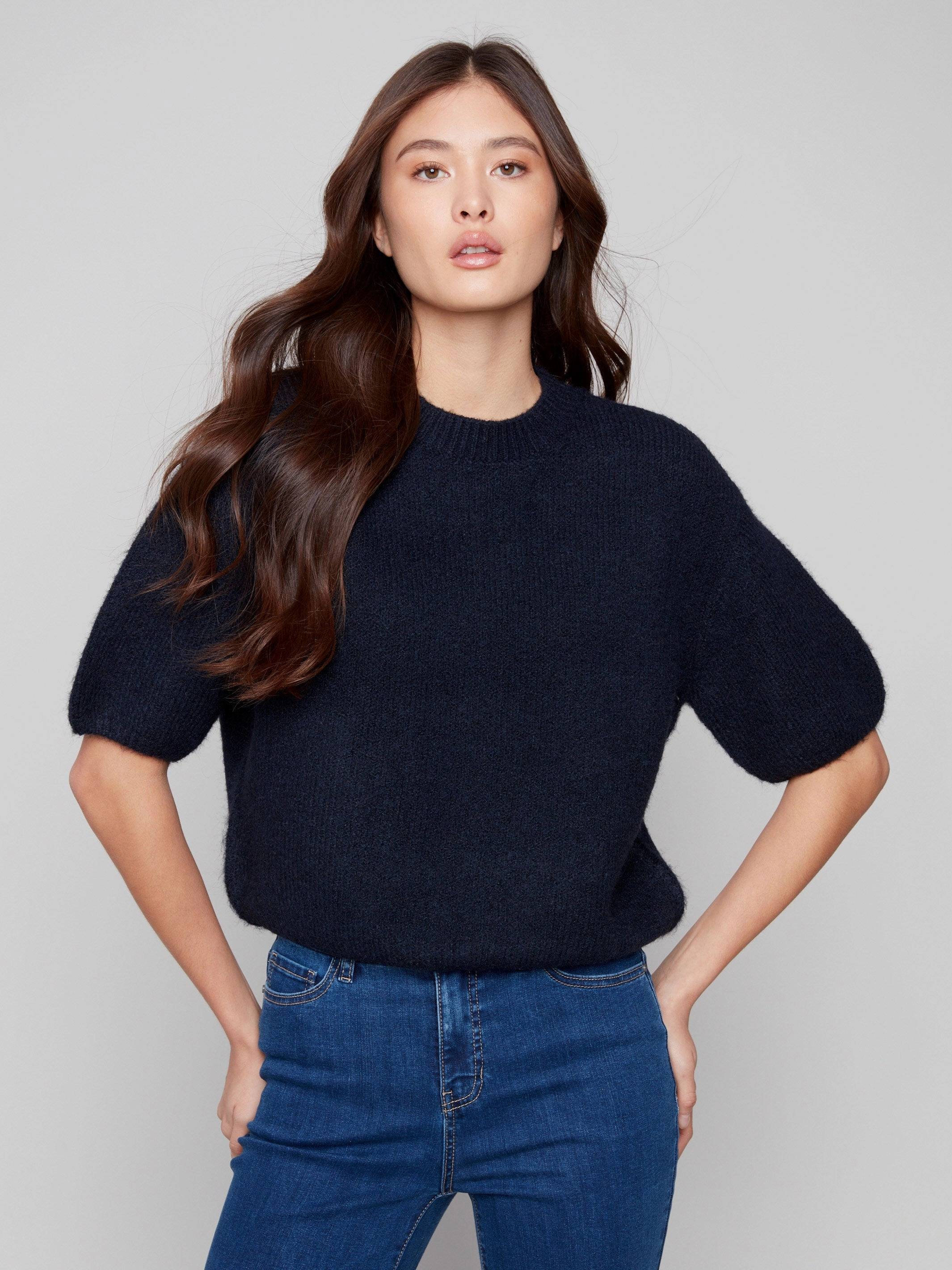 Active Trend Look Balloon Elbow Sleeve Knit Sweater - Moonlight
