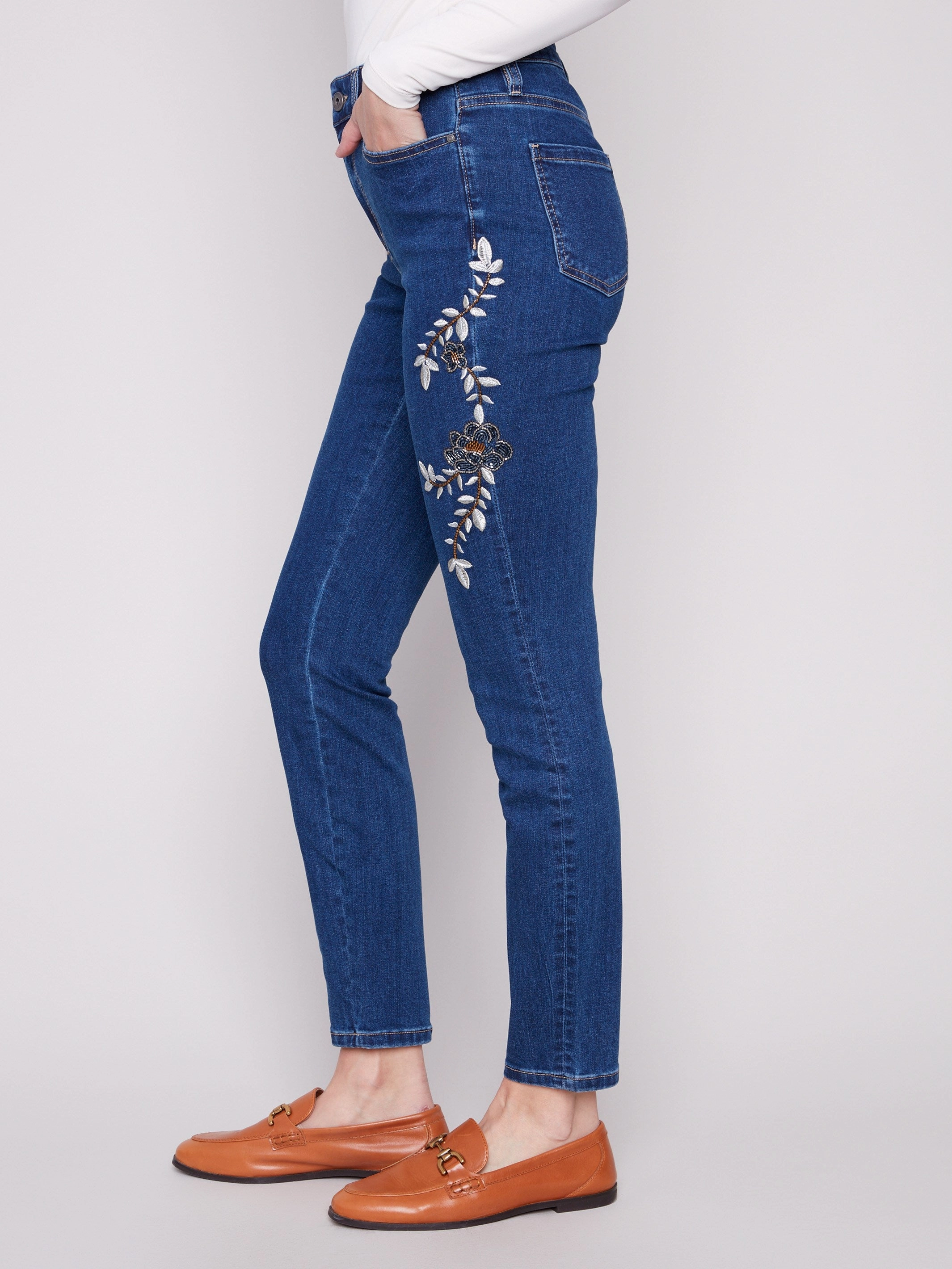 High-Quality Fabric Beaded Embroidered Skinny Jeans - Indigo