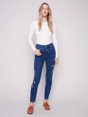 Refined Detail Work Meeting Relaxed Style Beaded Embroidered Skinny Jeans - Indigo