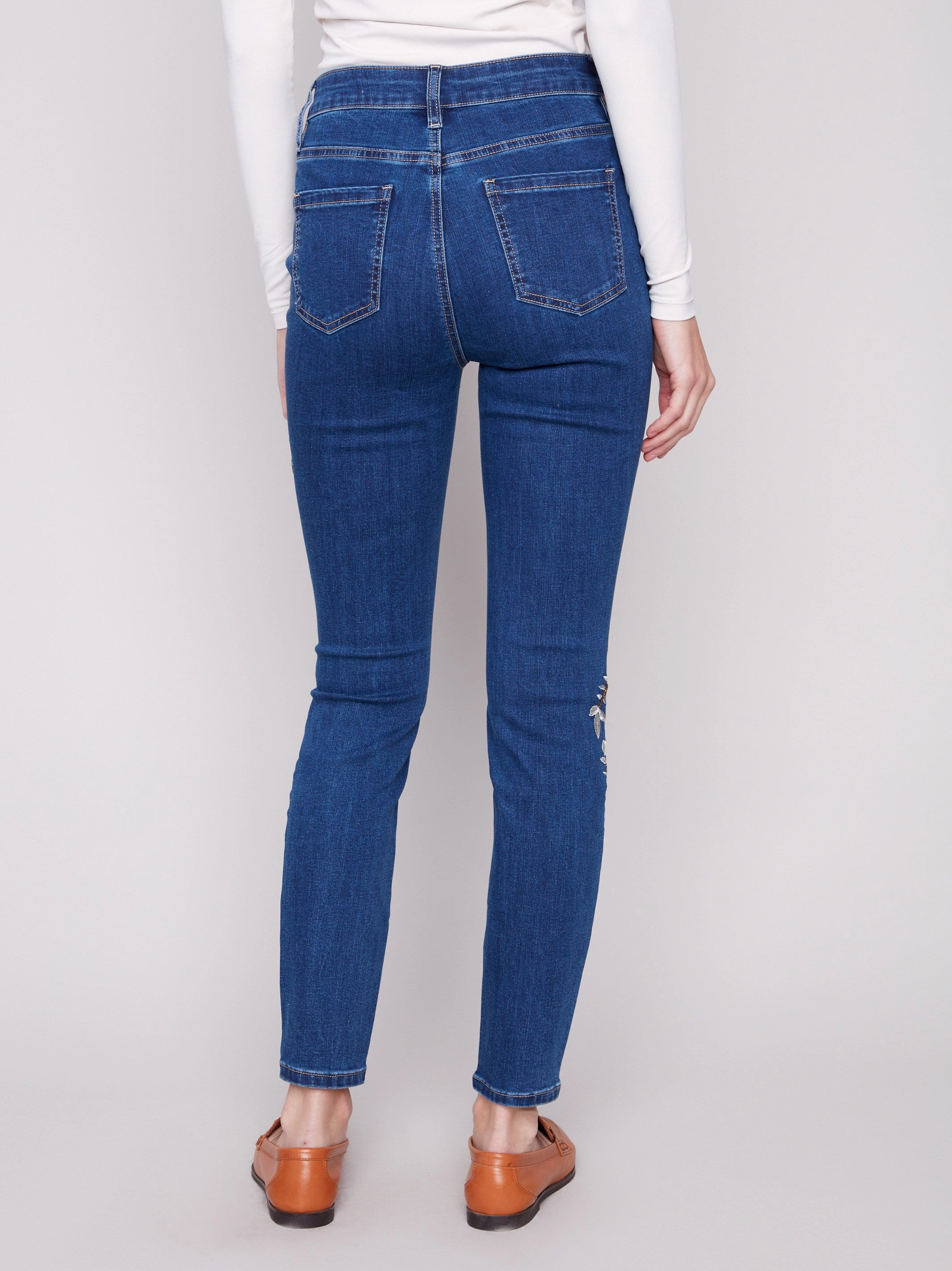 Layered Look Beaded Embroidered Skinny Jeans - Indigo