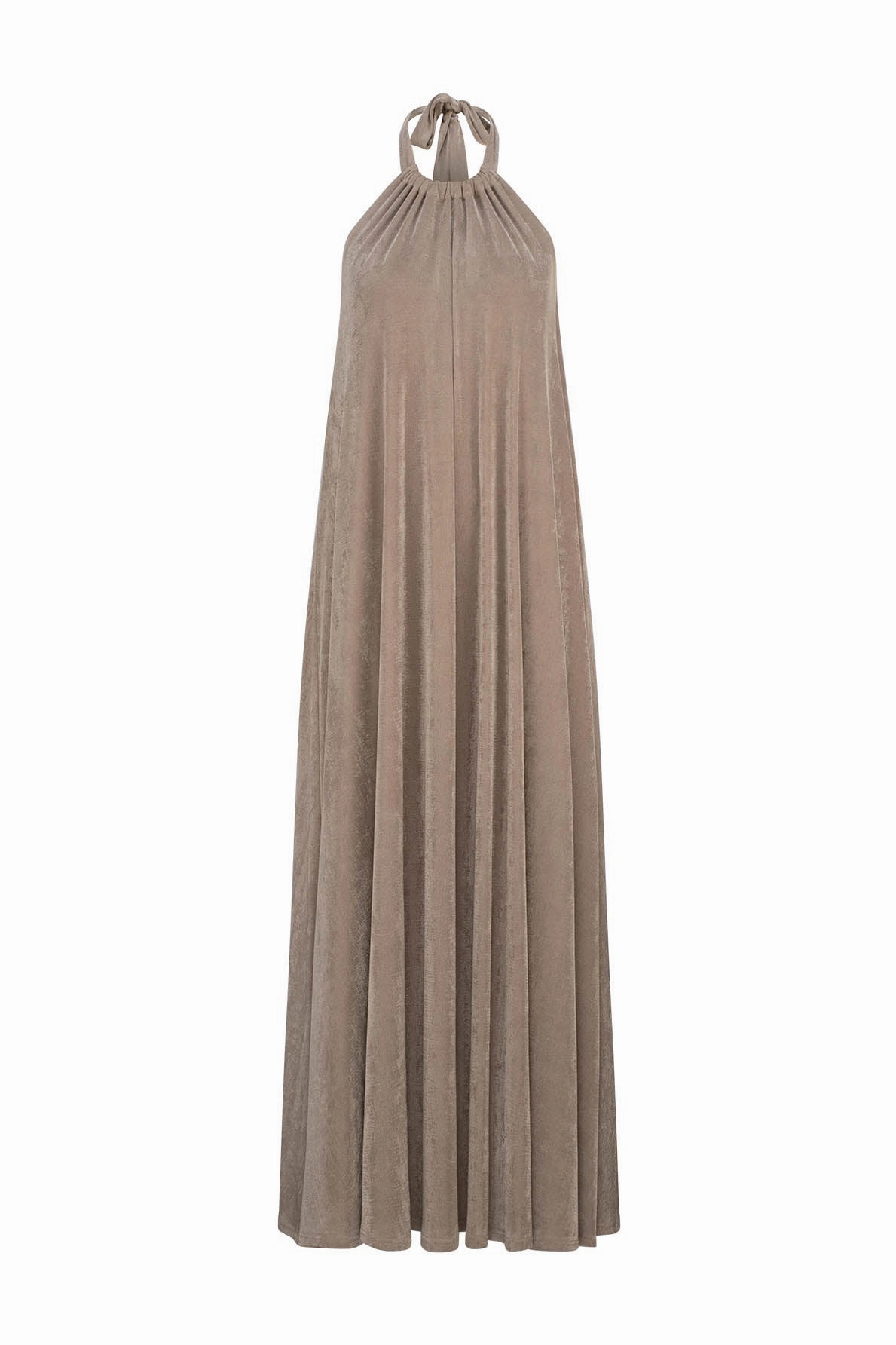 Shirred-Detail Peplum-Style CURAAE Melrose Halter Maxi Dress in Beige