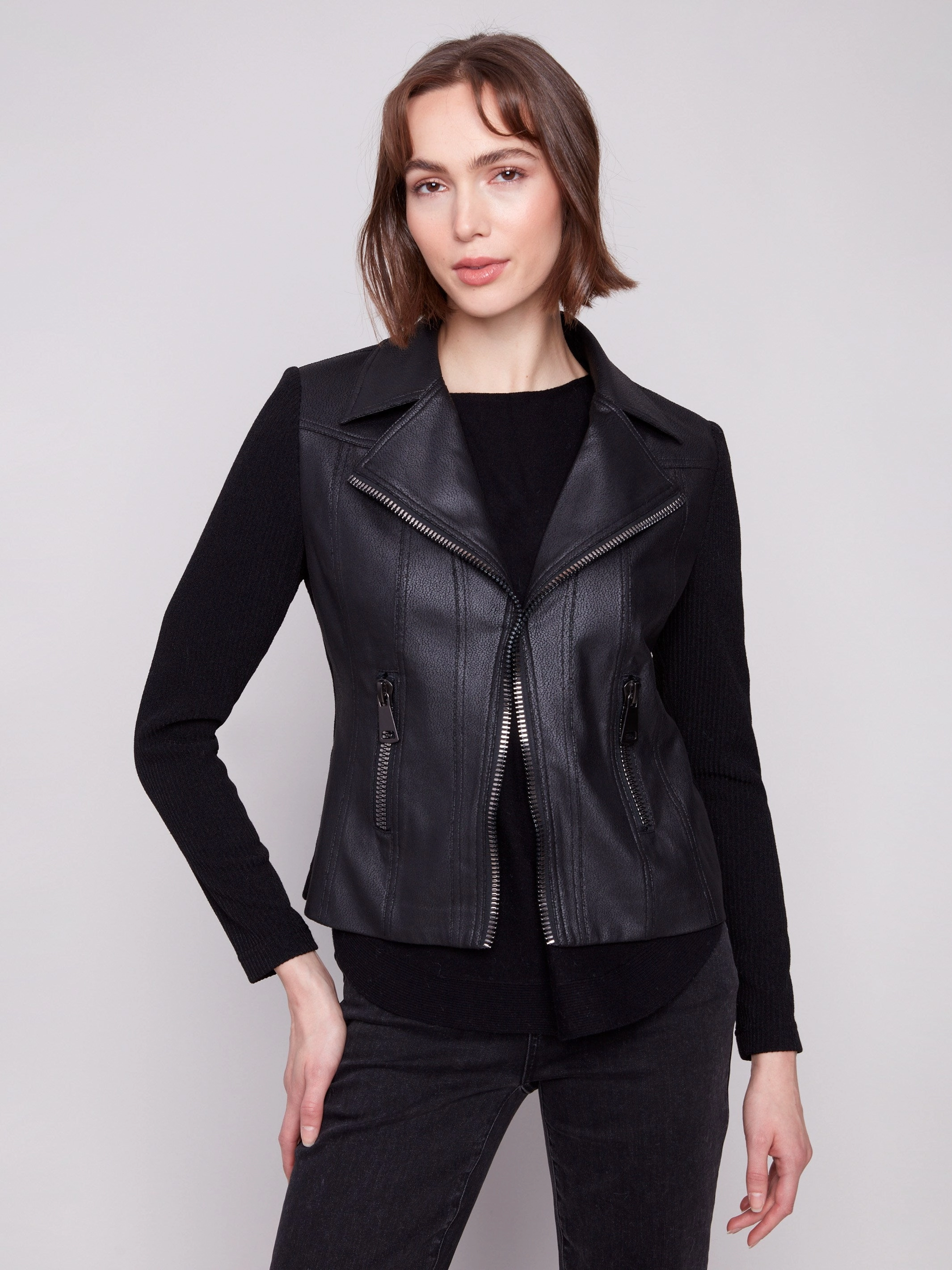 Easy Movement Cut Vintage Metallic Faux Leather And Rib Knit Jacket - Black