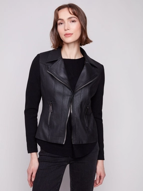 Soft Shell Material Vintage Metallic Faux Leather And Rib Knit Jacket - Black