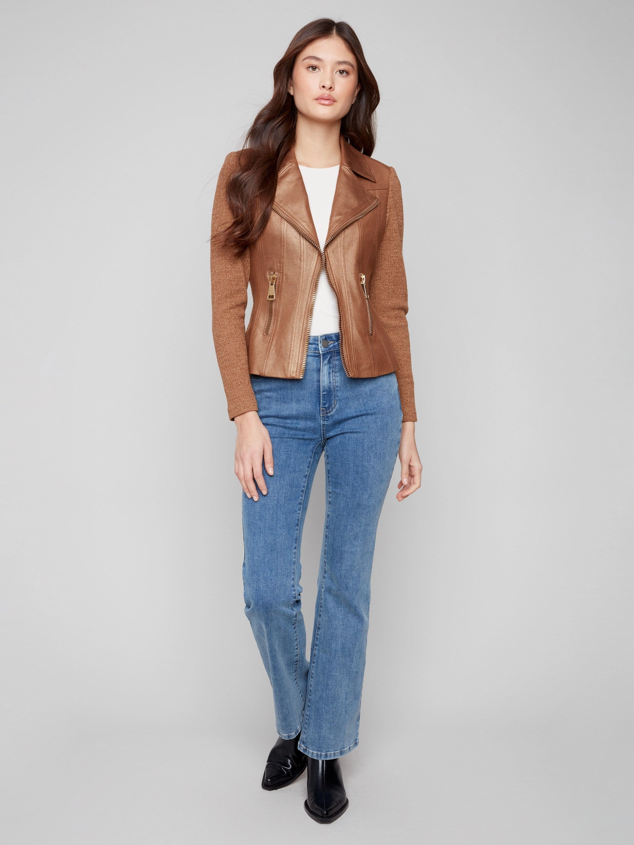 Vintage Metallic Faux Leather And Rib Knit Jacket - Copper Refined Style Flexible Side Gussets